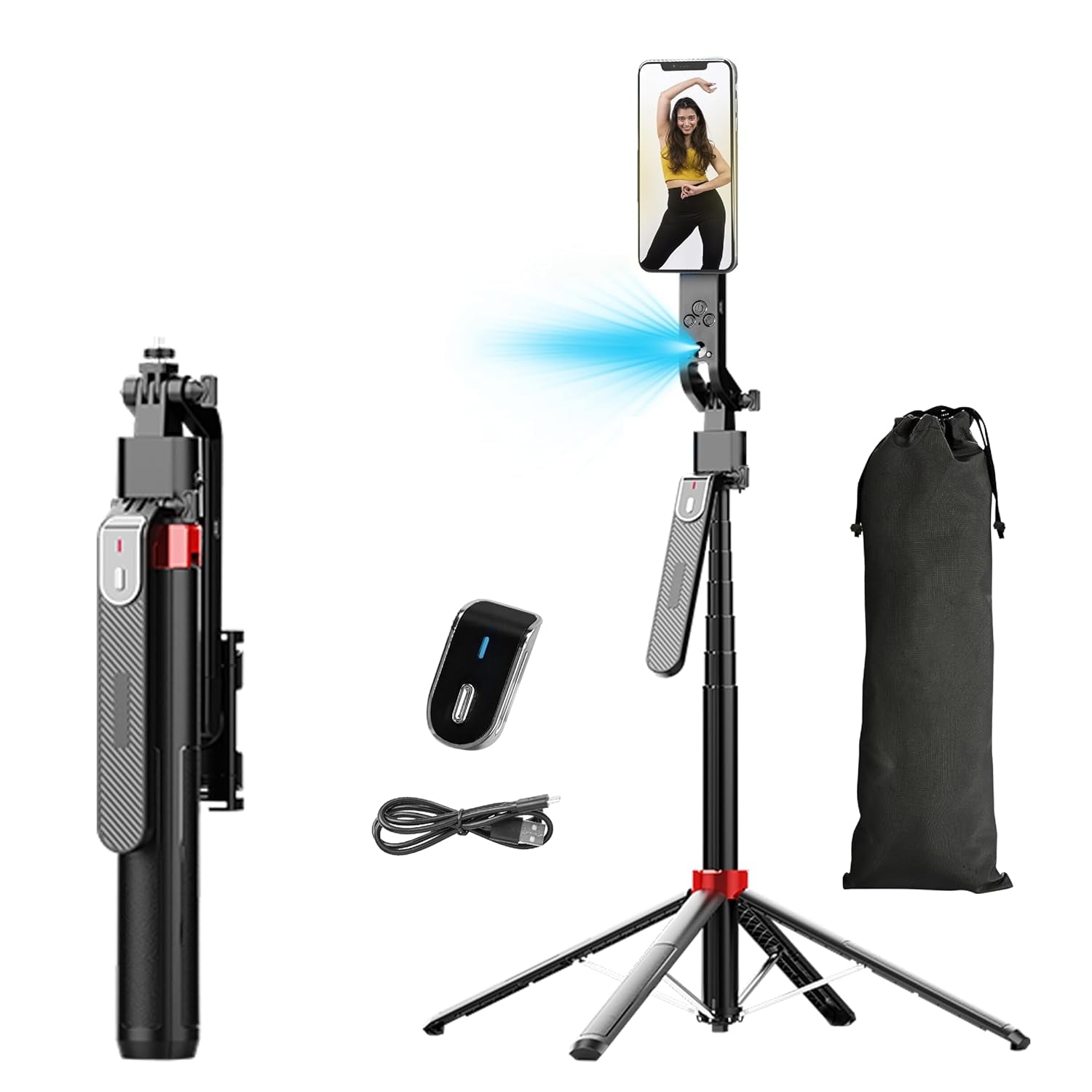 NÖRDIC AI Auto Face Tracking Selfie Stick - 360° Rotation + 270° Tilt, 4 in 1 Phone Tripod, 180cm Aluminum Alloy Tripod with 4 Legs