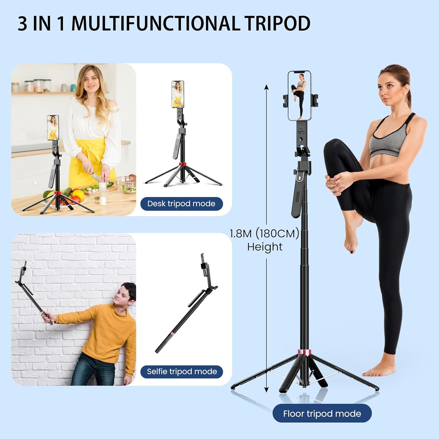 NÖRDIC AI Auto Face Tracking Selfie Stick - 360° Rotation + 270° Tilt, 4 in 1 Phone Tripod, 180cm Aluminum Alloy Tripod with 4 Legs
