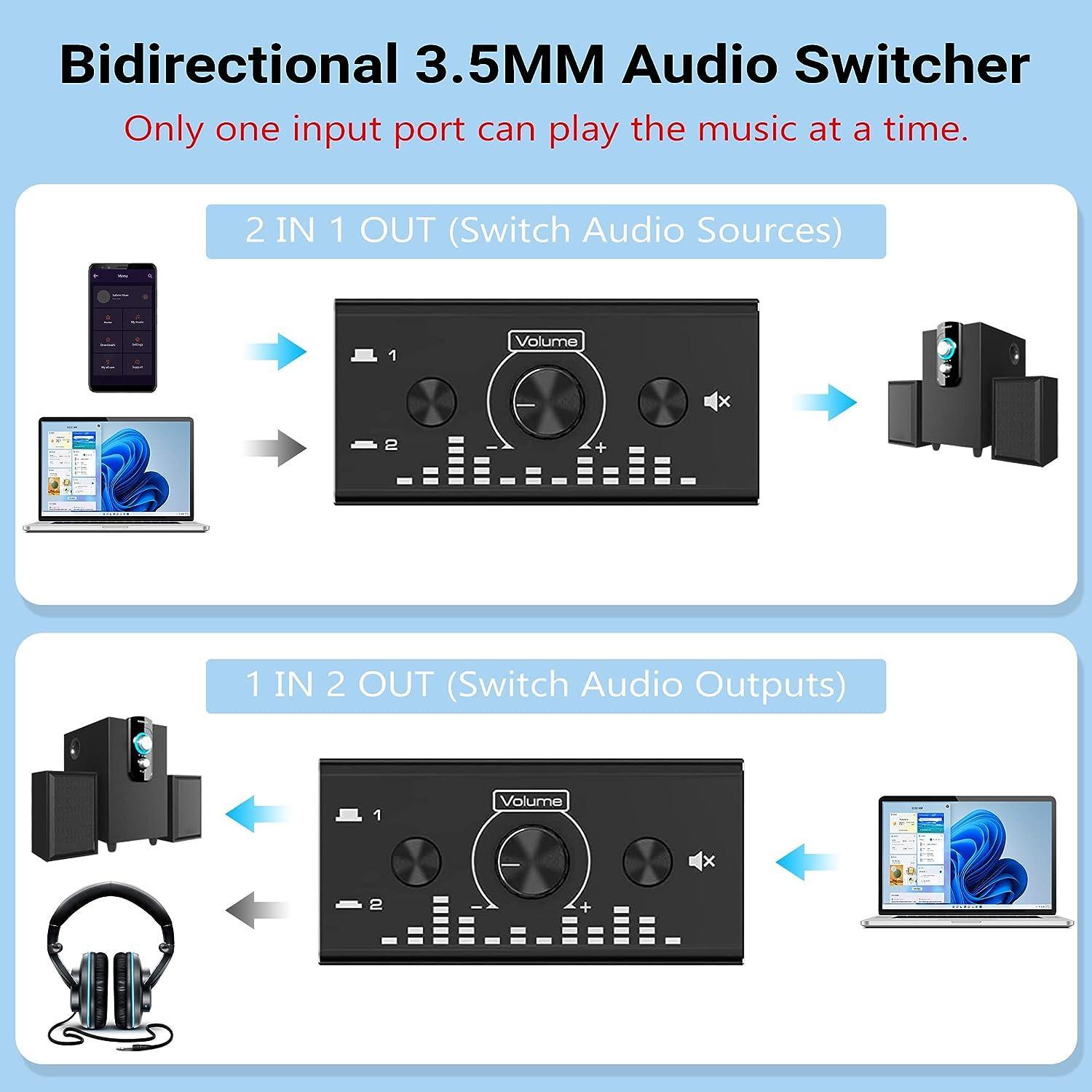 NÖRDIC Bi-Directional 3,5 mm jack lydbryter 2 i 1 ut / 1 i 2 ut analog stille stereolydbryter med volumkontroll