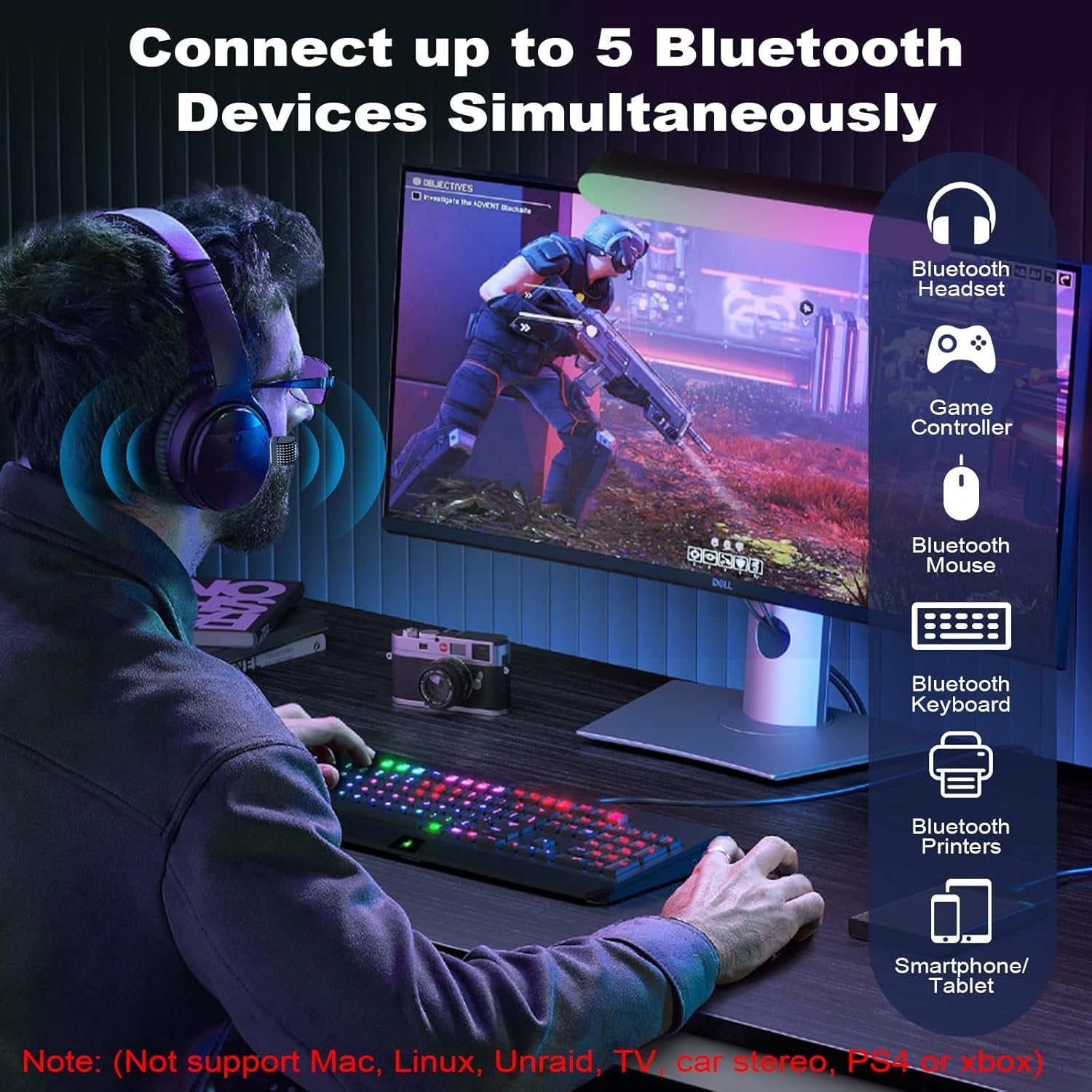 NÖRDIC Bluetooth 6.0 trådløs Bluetooth-dongle/mottaker, Plug and Play, Windows 11/10/8.1, for kontroller, hodetelefoner, tastatur, mus