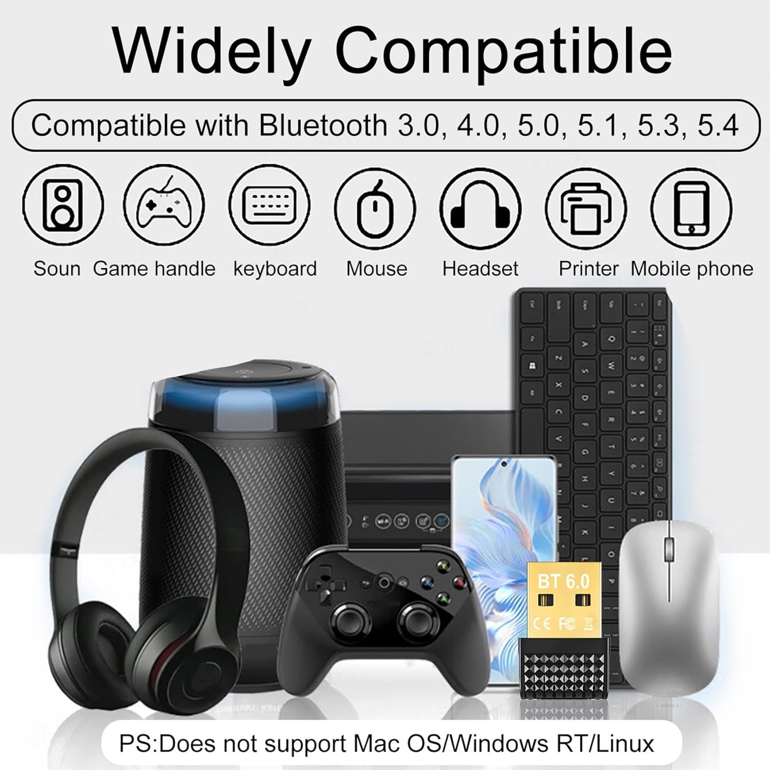 NÖRDIC Bluetooth 6.0 trådløs Bluetooth-dongle/mottaker, Plug and Play, Windows 11/10/8.1, for kontroller, hodetelefoner, tastatur, mus