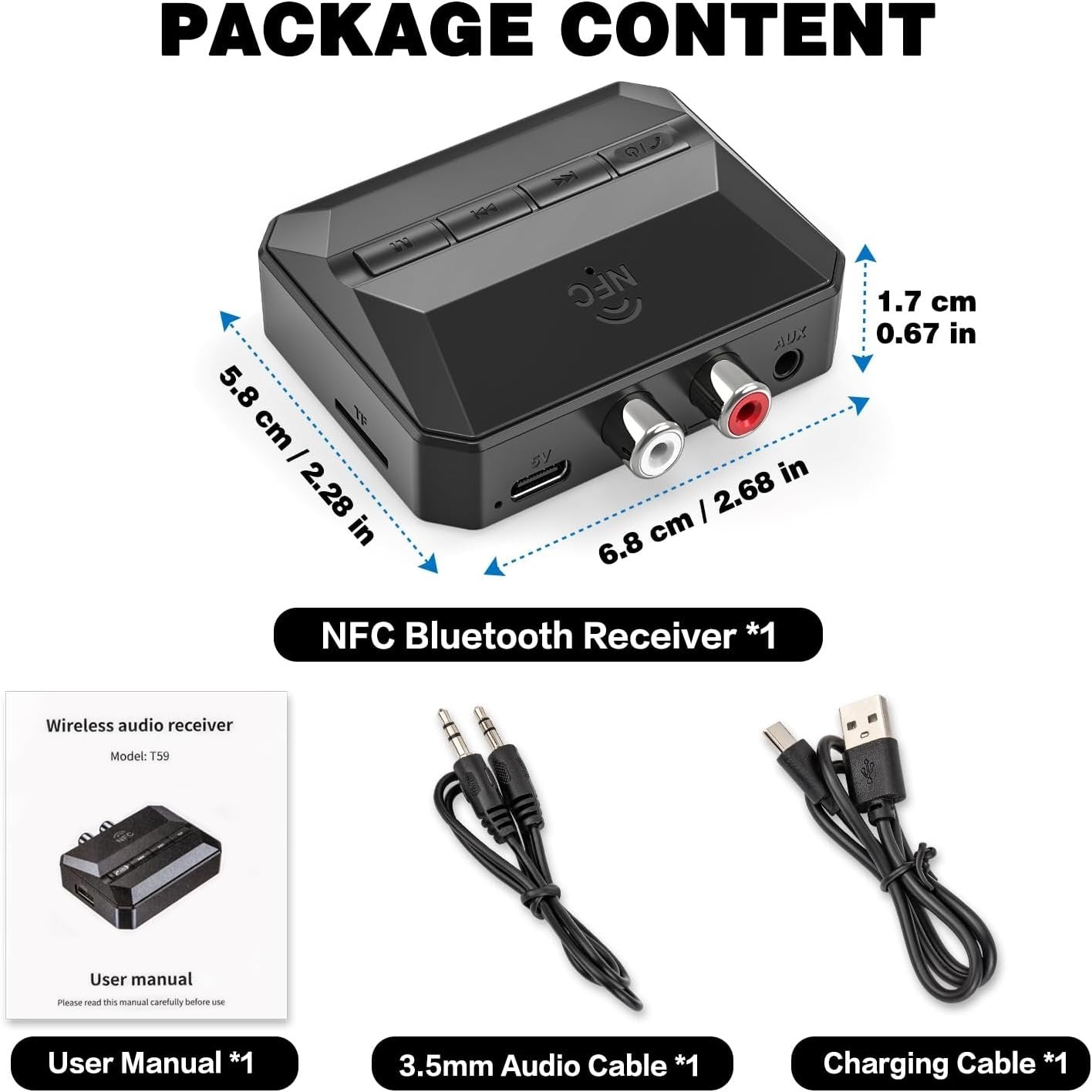 NÖRDIC Bluetooth Receiver 5.3 RCA 3.5mm AUX  with NFC MicroSD Card USB Memory