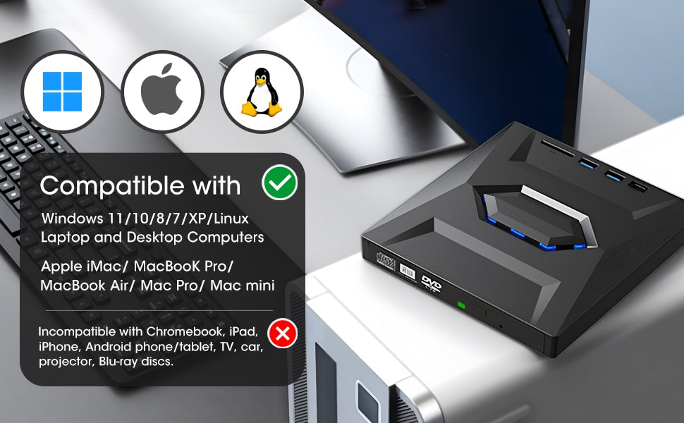 NÖRDIC Bärbar CD Brännare och spelare och USB hubb med SD/Micro-SD kortläsare 2xUSB-A 1xUSB-C