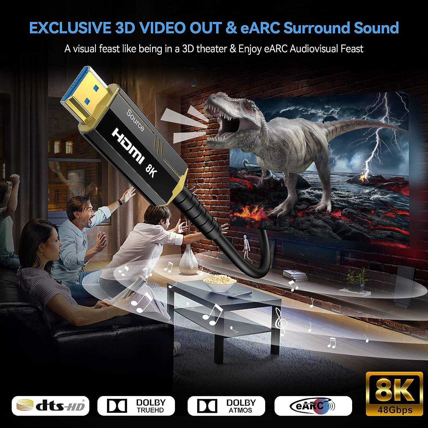 NÖRDIC CERTIFIED 10m Ultra High Speed HDMI 2.1 aktiv AOC optisk fiberkabel 8K 60Hz 4K 120Hz 48Gbps Dynamic HDR, eARC, VRR
