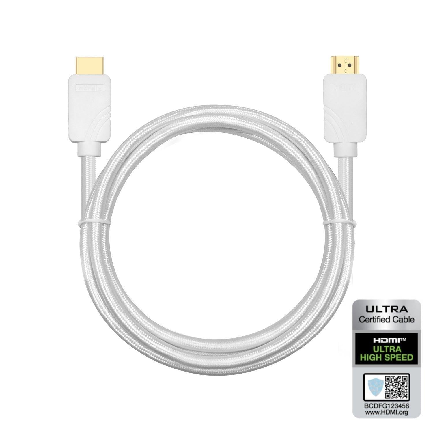 NÖRDIC CERTIFIED CABLES 50 cm Ultra High Speed HDMI 2.1-kabel, 8K@60Hz, 4K@120Hz, 48Gbps, Dynamic HDR, eARC, VRR, Dolby Atmos, nylonflettet, gullbelagt