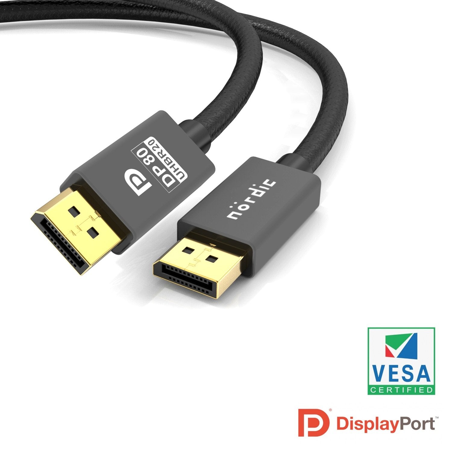 NÖRDIC 50 cm VESA-sertifisert nylonflettet Displayport 2.1 UHBR20-kabel 80 Gbps 4K240Hz DSC1.2a HDR HDCP2.2 G-Sync