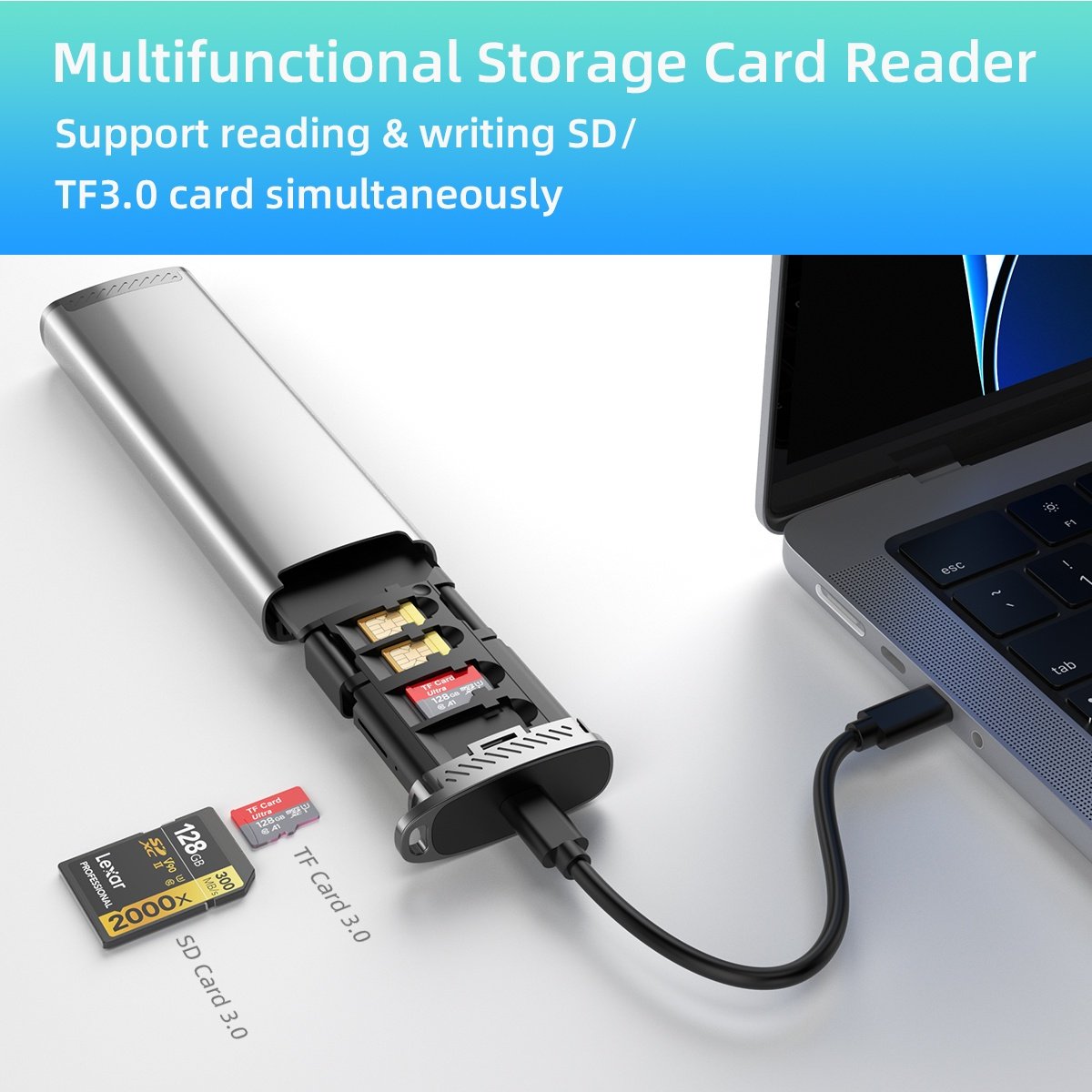 NÖRDIC USB-A 3.1, USB-C 3.1, Lightning-kortleser og lagringsskap 2 spor SD, MicroSD, 1xUSB-A UHS-I