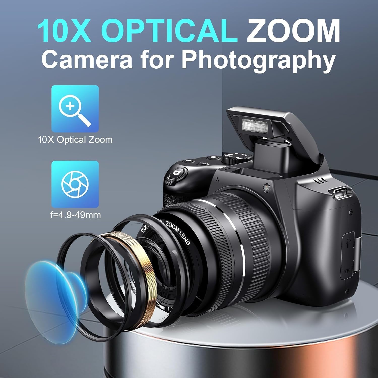 NÖRDIC Digitalkamera 4K 64 MP med WiFi, 10× optisk zoom, vloggekamera for YouTube, autofokus, kompakt kamera