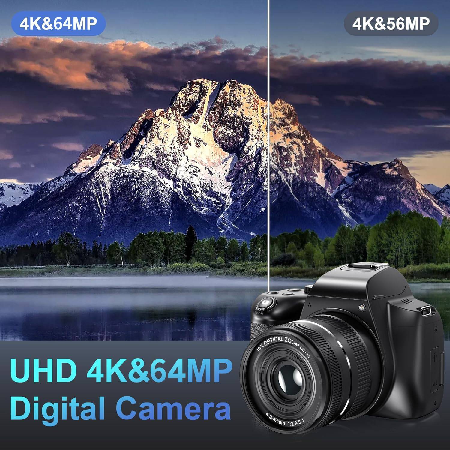 NÖRDIC Digitalkamera 4K 64 MP med WiFi, 10× optisk zoom, vloggekamera for YouTube, autofokus, kompakt kamera