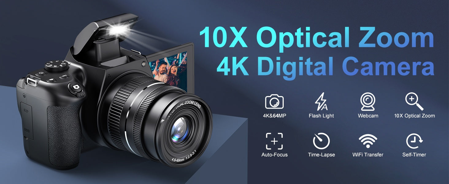 NÖRDIC Digitalkamera 4K 64 MP med WiFi, 10× optisk zoom, vloggekamera for YouTube, autofokus, kompakt kamera
