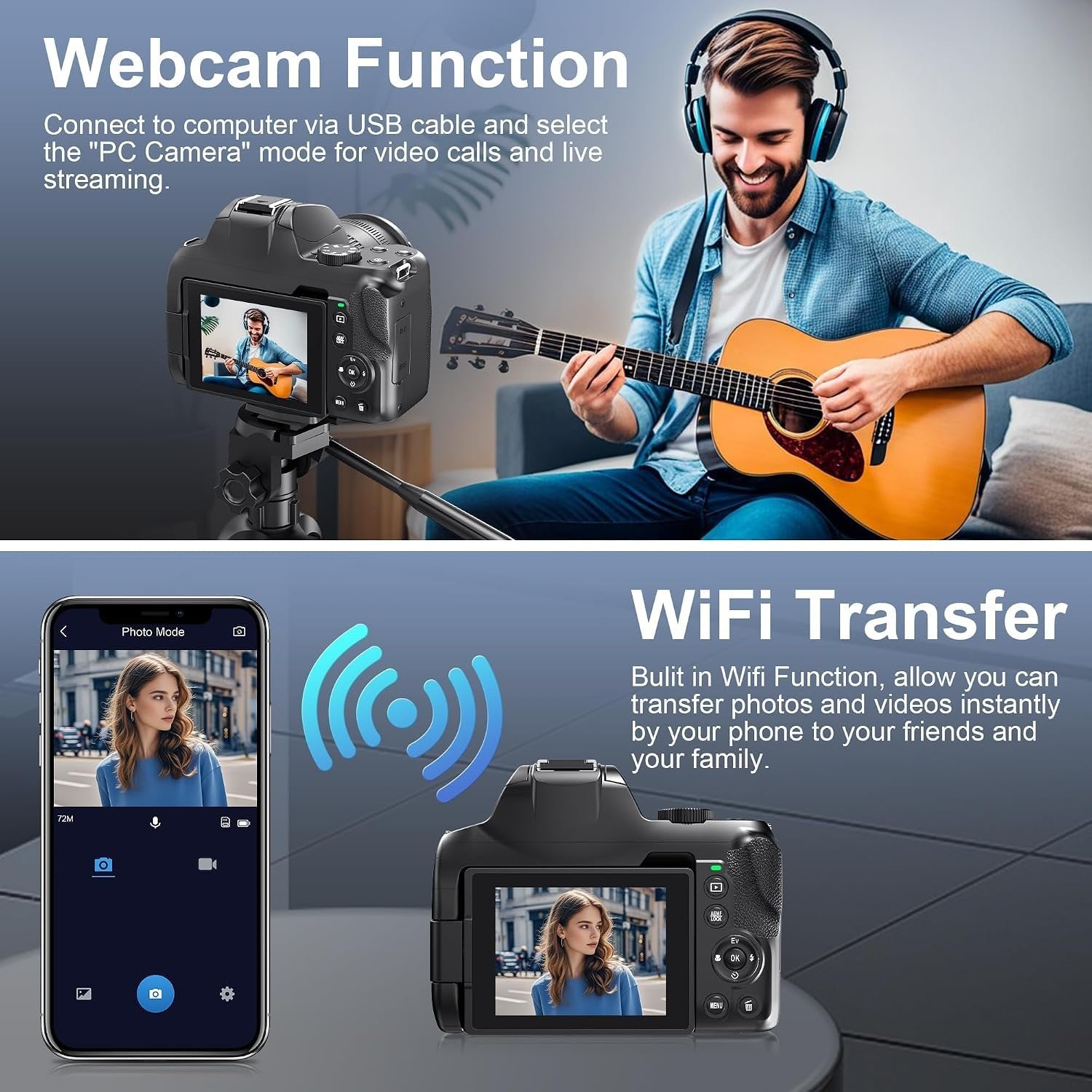 NÖRDIC Digitalkamera 4K 64 MP med WiFi, 10× optisk zoom, vloggekamera for YouTube, autofokus, kompakt kamera