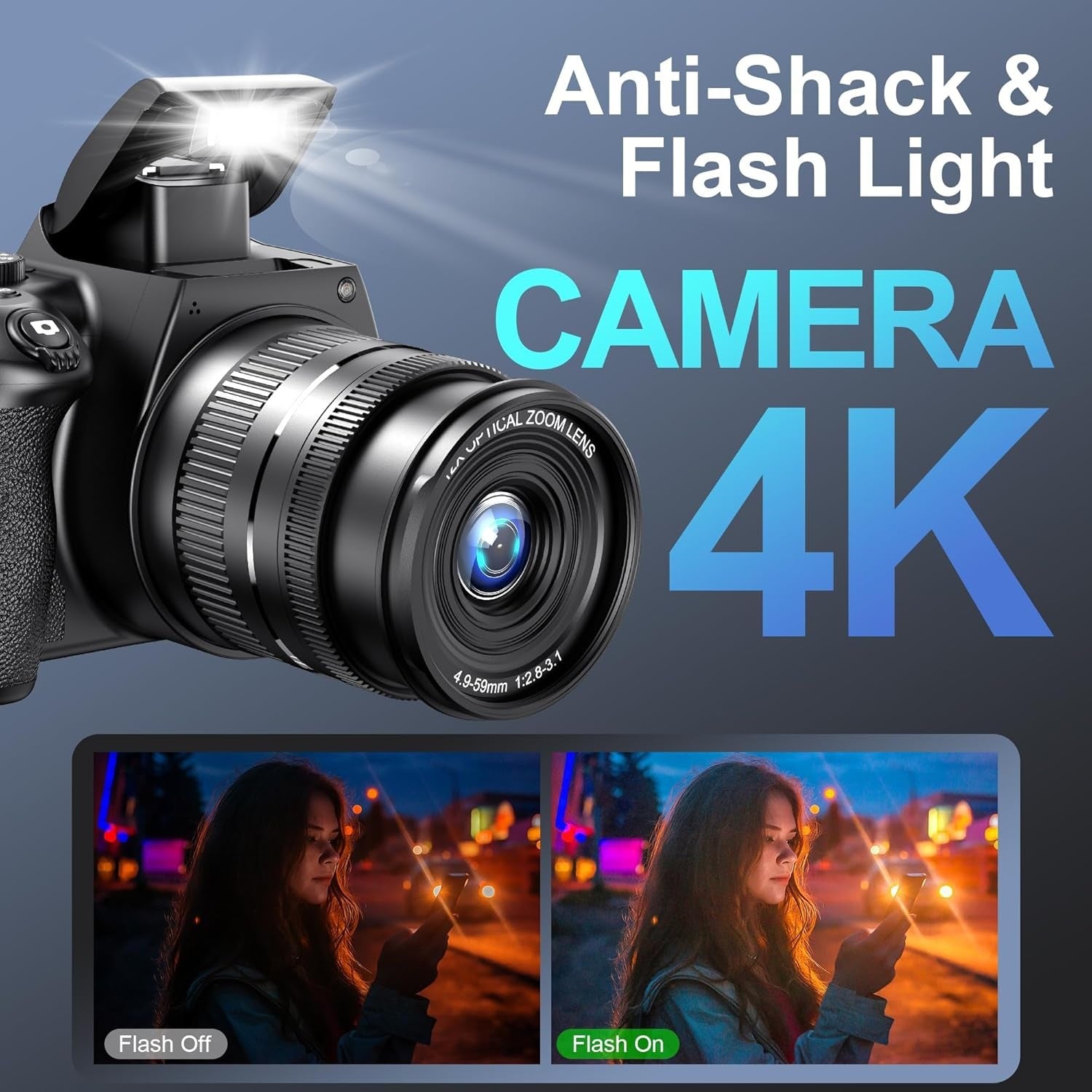 NÖRDIC Digitalkamera 4K 64 MP med WiFi, 10× optisk zoom, vloggekamera for YouTube, autofokus, kompakt kamera