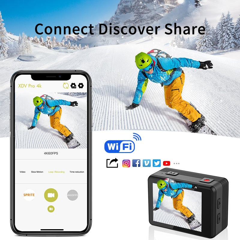 NÖRDIC actionkamera med doble skjermer 4K@30Hz, WiFi, 30m vanntett, 20 MP, 2,0"/1,3" skjermer