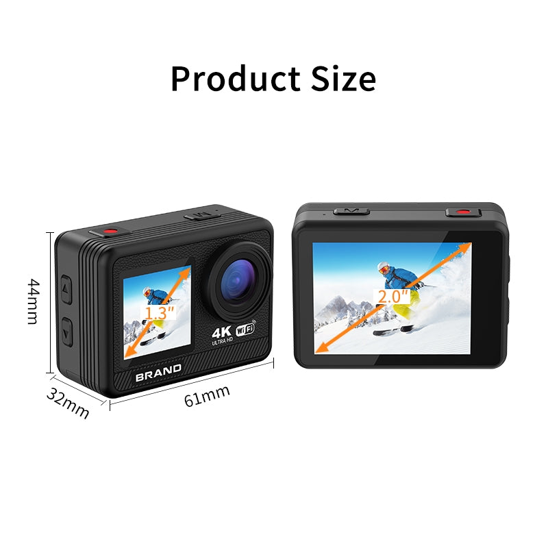 NÖRDIC actionkamera med doble skjermer 4K@30Hz, WiFi, 30m vanntett, 20 MP, 2,0"/1,3" skjermer