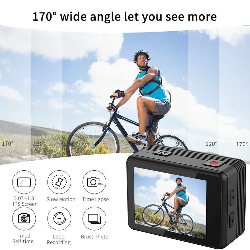 NÖRDIC actionkamera med doble skjermer 4K@30Hz, WiFi, 30m vanntett, 20 MP, 2,0"/1,3" skjermer