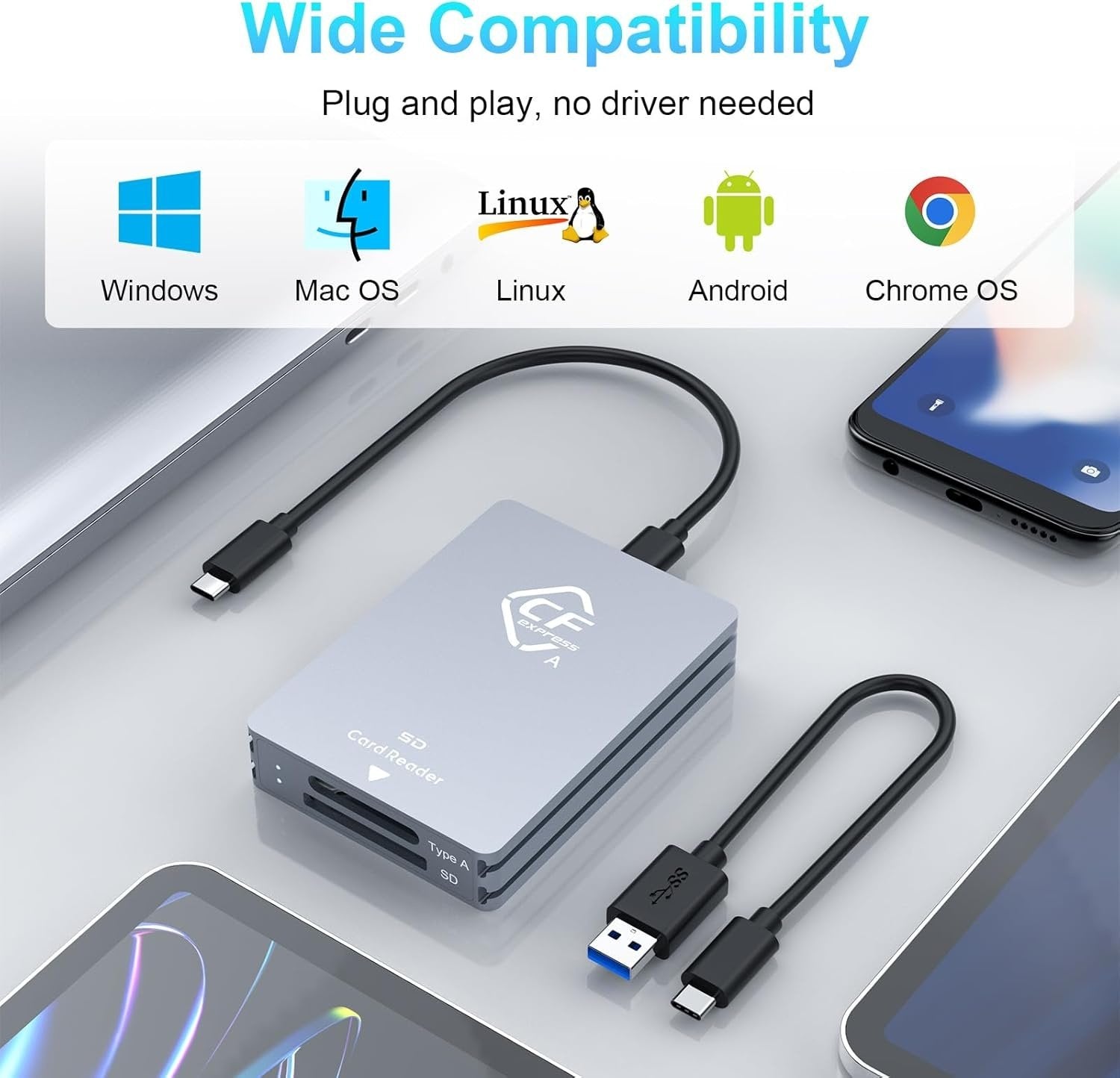 NÖRDIC Dual-Slot CFexpress Type A og SD-kortleser, USB 3.2 Gen 2 10Gbps Windows/Mac/Linux/Android
