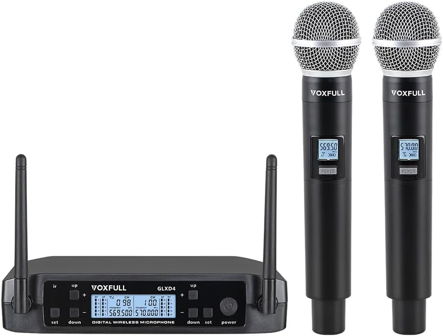 NÖRDIC Trådløst dobbelt mikrofonsystem med 2 dynamiske mikrofoner, justerbare UHF-kanaler, 50 m rekkevidde, trådløse mikrofoner for karaoke