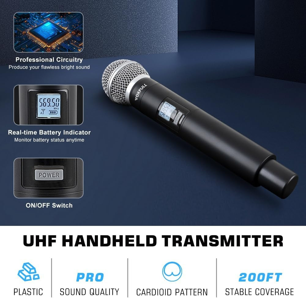 NÖRDIC Trådløst dobbelt mikrofonsystem med 2 dynamiske mikrofoner, justerbare UHF-kanaler, 50 m rekkevidde, trådløse mikrofoner for karaoke
