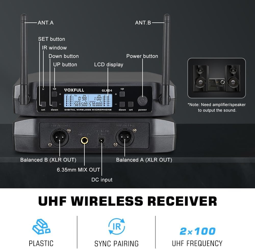 NÖRDIC Trådløst dobbelt mikrofonsystem med 2 dynamiske mikrofoner, justerbare UHF-kanaler, 50 m rekkevidde, trådløse mikrofoner for karaoke