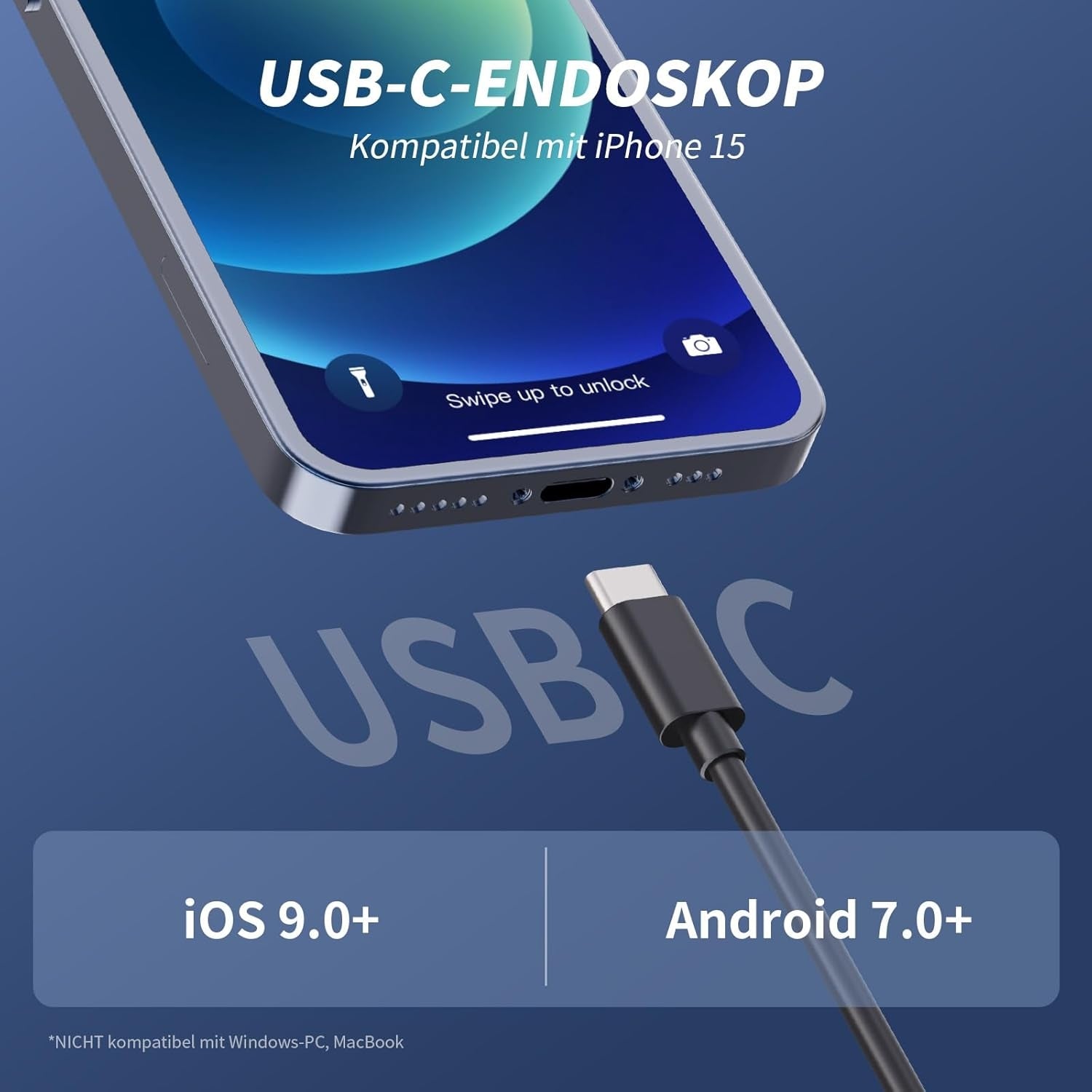 NÖRDIC Endoskopkamera for mobiltelefon med lys, 1080P HD, 8 LED-lys, vanntett IP67, ingen WiFi nødvendig, Android og iOS