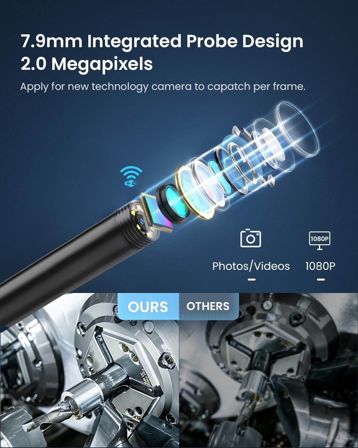 NÖRDIC Endoskopkamera for mobiltelefon med lys, 1080P HD, 8 LED-lys, vanntett IP67, krever ikke WiFi, Android og iOS