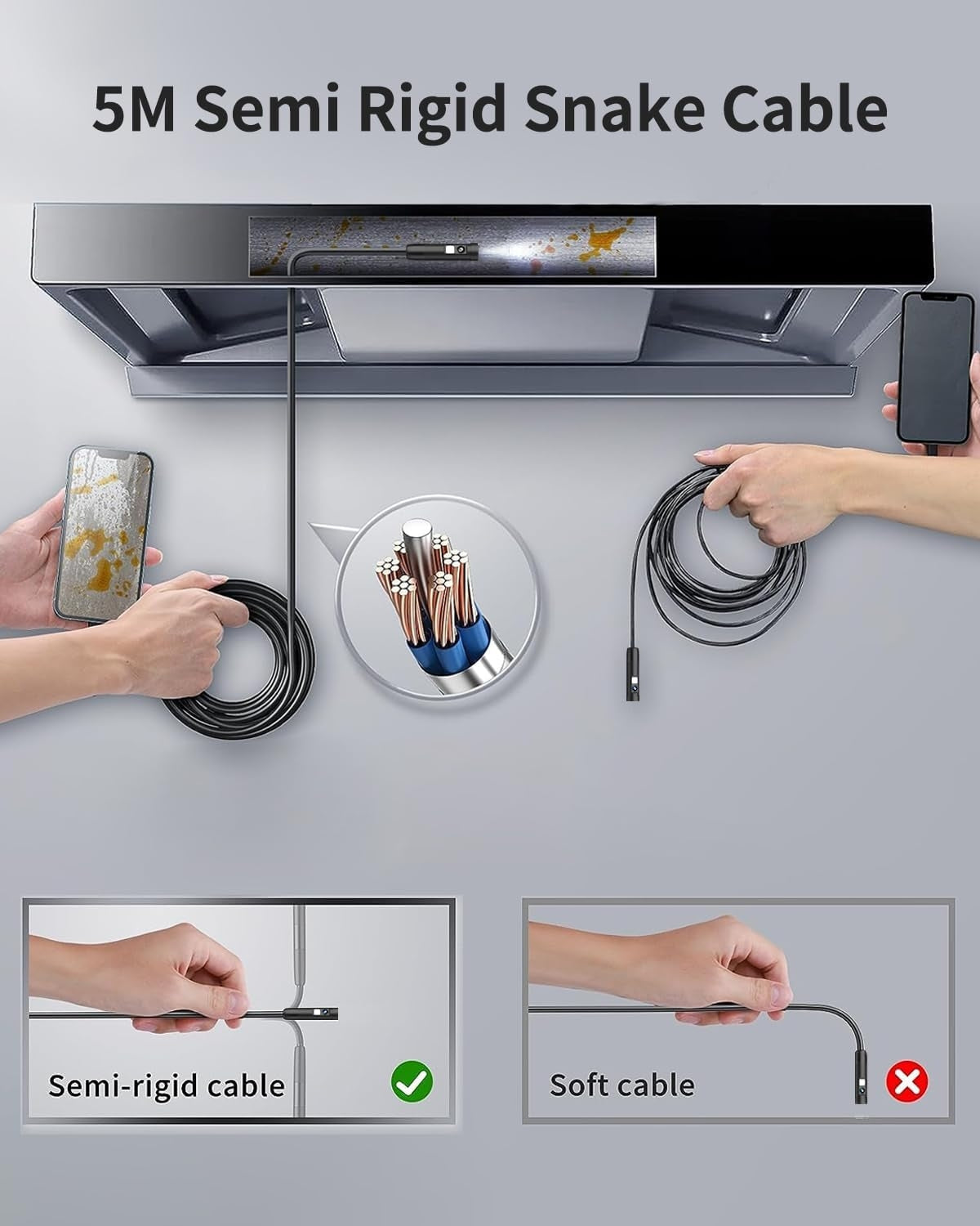 NÖRDIC Endoskopkamera med doble linser for mobiltelefon med lys, 1080P HD, 8 LED-lys, vanntett IP67, krever ikke WiFi, Android og iOS