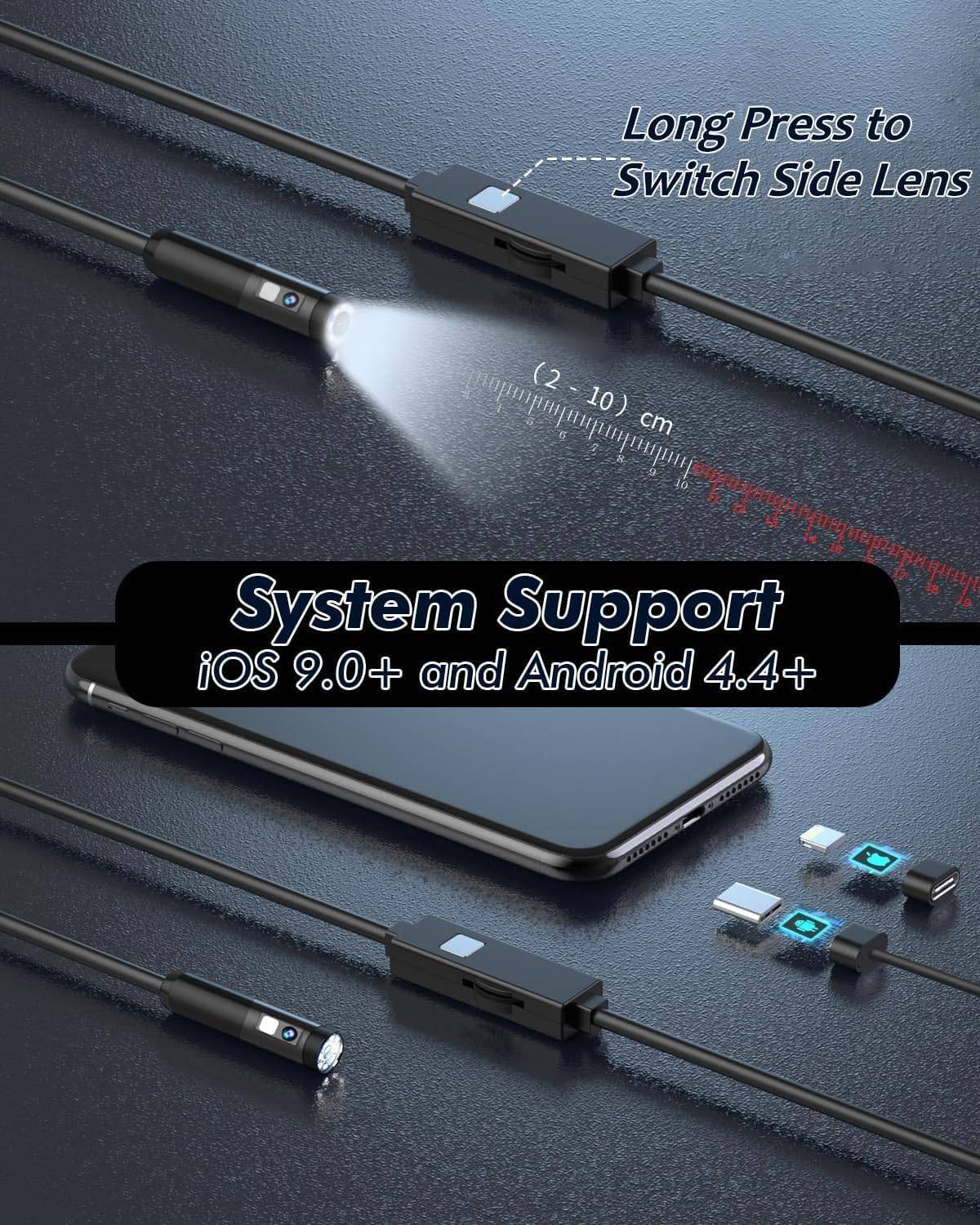 NÖRDIC Endoskopkamera med doble linser for mobiltelefon med lys, 1080P HD, 8 LED-lys, vanntett IP67, krever ikke WiFi, Android og iOS