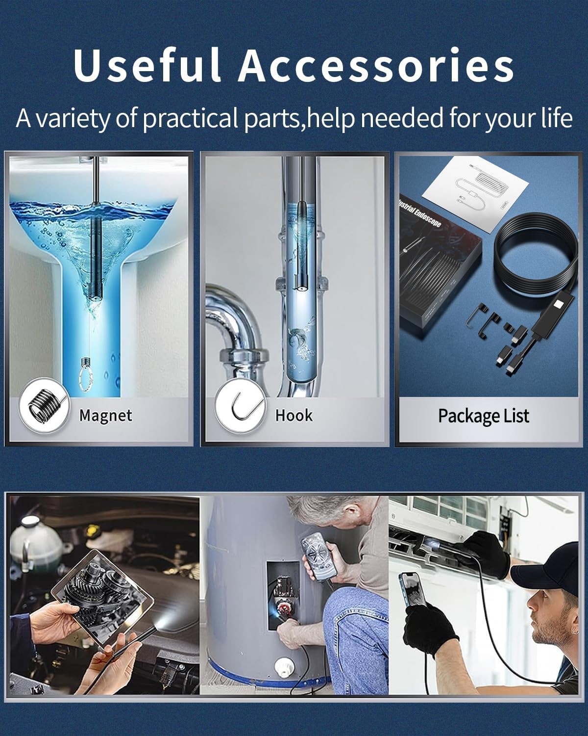 NÖRDIC Endoskopkamera med doble linser for mobiltelefon med lys, 1080P HD, 8 LED-lys, vanntett IP67, krever ikke WiFi, Android og iOS