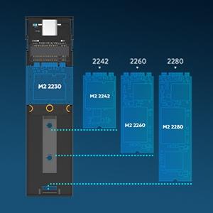 NÖRDIC Eksternt lagringsskap M.2 NVMe og SATA SSD for USB-A og USB-C M-Key B-Key og B+M Key UASP 2280 2260 2242 2230