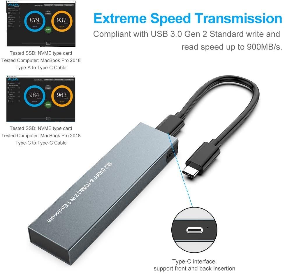 NÖRDIC Eksternt lagringsskap M.2 NVMe og SATA SSD for USB-A og USB-C M-Key B-Key og B+M Key UASP 2280 2260 2242 2230