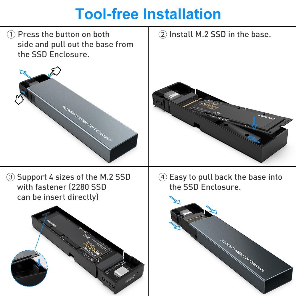 NÖRDIC Eksternt lagringsskap M.2 NVMe og SATA SSD for USB-A og USB-C M-Key B-Key og B+M Key UASP 2280 2260 2242 2230