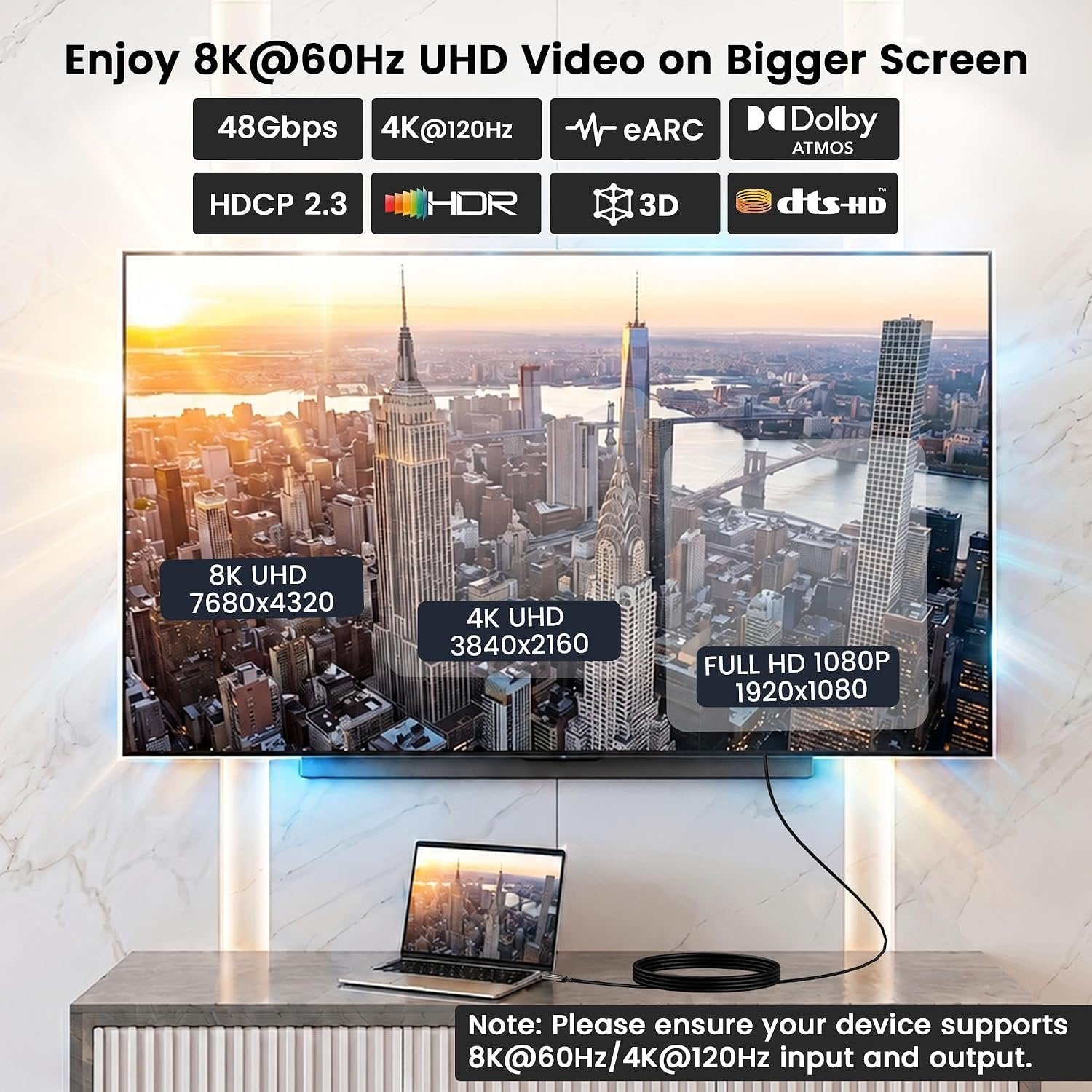 NÖRDIC Fiber AOC 10m USB-C til HDMI 2.1-kabel, 8K@60Hz, 4K@120Hz, 48Gbps, HDR, kompatibel med Thunderbolt 3 og 4