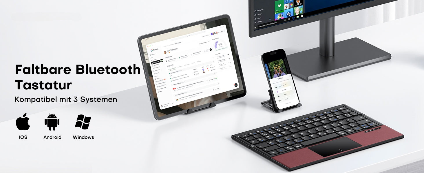 NÖRDIC sammenleggbart Bluetooth-tastatur med touchpad for iOS, Android, Windows, laptop, PC, nettbrett og smarttelefon, US-layout