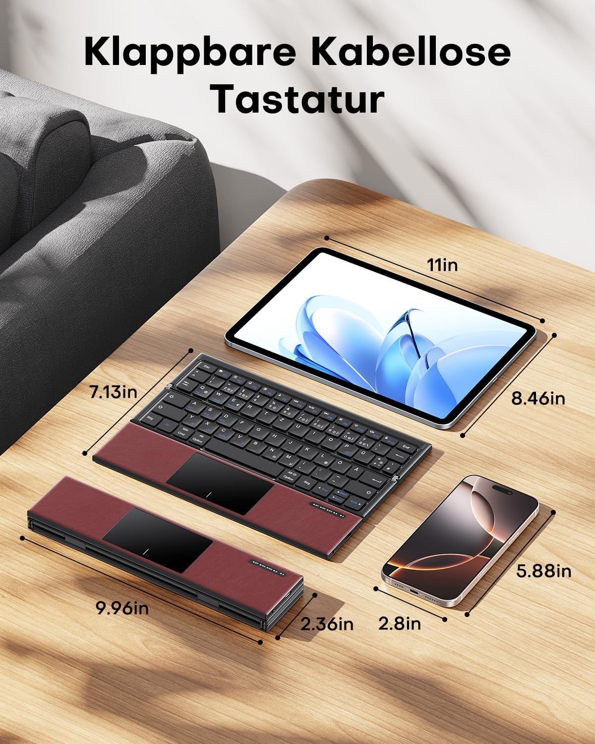 NÖRDIC sammenleggbart Bluetooth-tastatur med touchpad for iOS, Android, Windows, laptop, PC, nettbrett og smarttelefon, US-layout