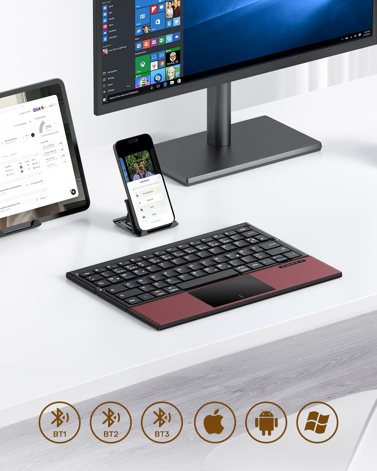 NÖRDIC sammenleggbart Bluetooth-tastatur med touchpad for iOS, Android, Windows, laptop, PC, nettbrett og smarttelefon, US-layout