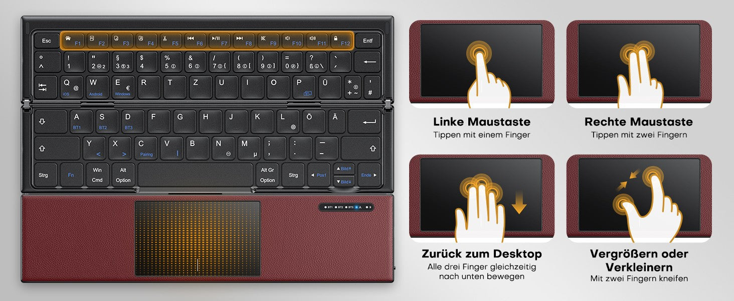 NÖRDIC sammenleggbart Bluetooth-tastatur med touchpad for iOS, Android, Windows, laptop, PC, nettbrett og smarttelefon, US-layout