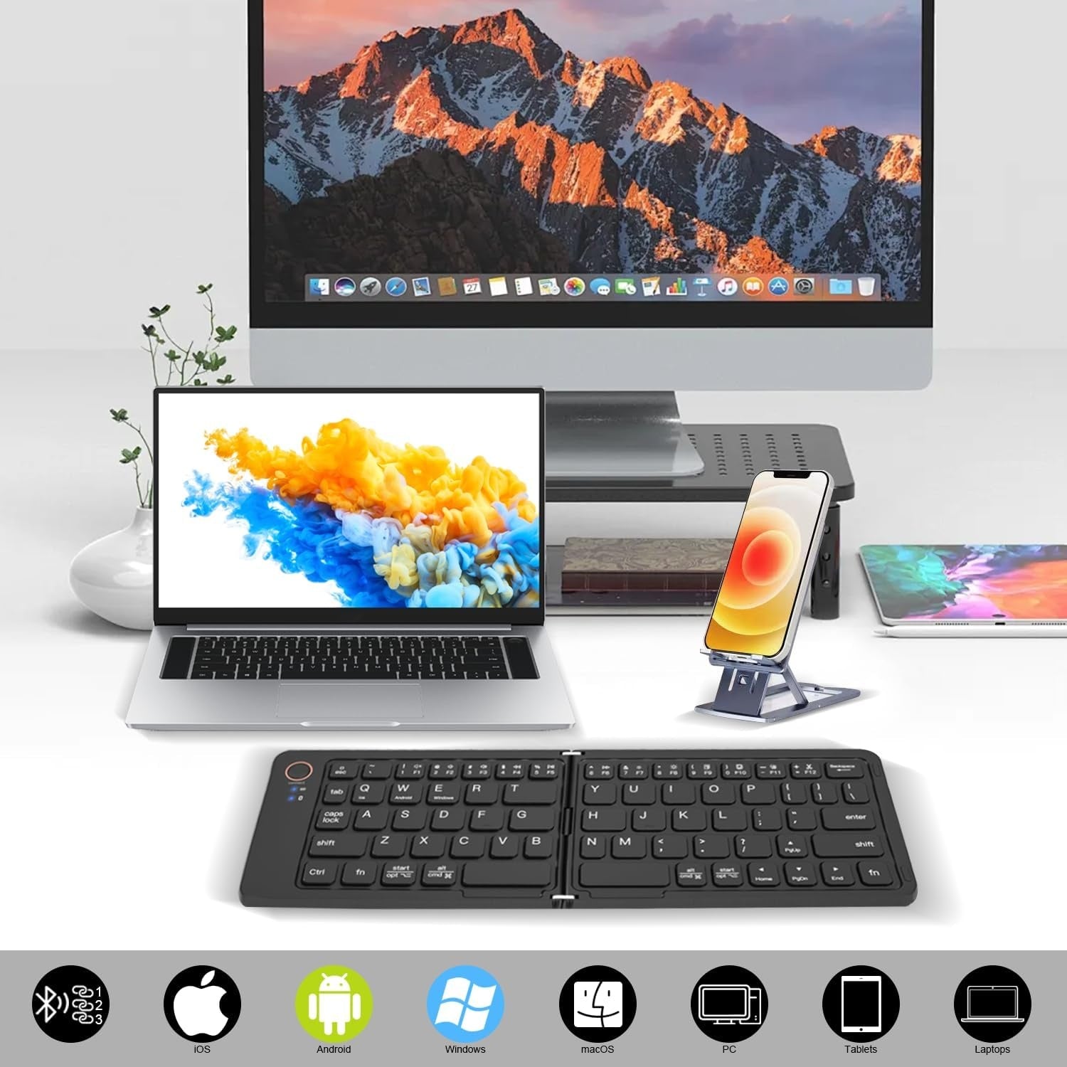 NÖRDIC Sammenleggbart Slim Bluetooth-tastatur i lommeformat, kompatibelt med iOS, Android og Windows, for smarttelefon, nettbrett, iPad, iPhone og laptop, US-layout