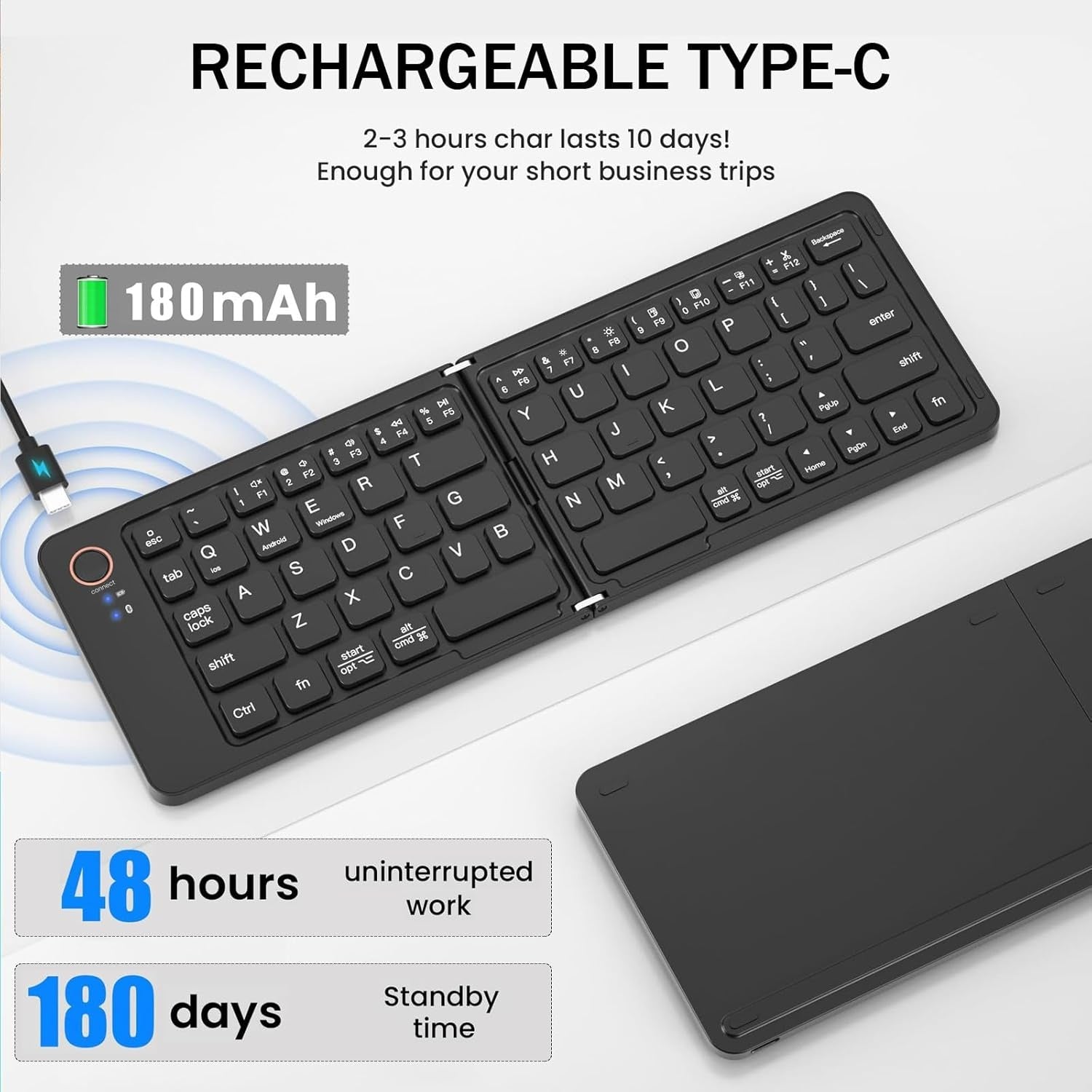 NÖRDIC Sammenleggbart Slim Bluetooth-tastatur i lommeformat, kompatibelt med iOS, Android og Windows, for smarttelefon, nettbrett, iPad, iPhone og laptop, US-layout