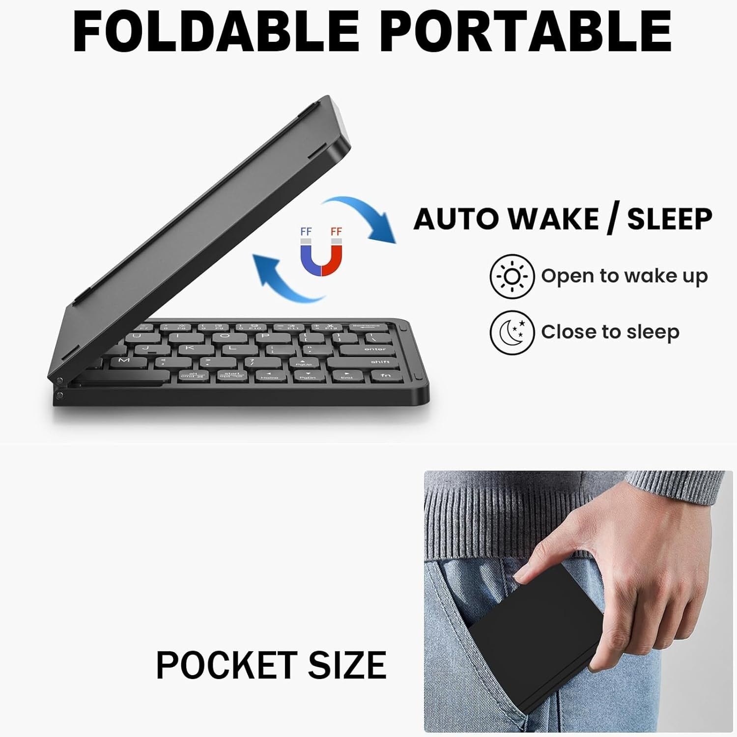 NÖRDIC Sammenleggbart Slim Bluetooth-tastatur i lommeformat, kompatibelt med iOS, Android og Windows, for smarttelefon, nettbrett, iPad, iPhone og laptop, US-layout