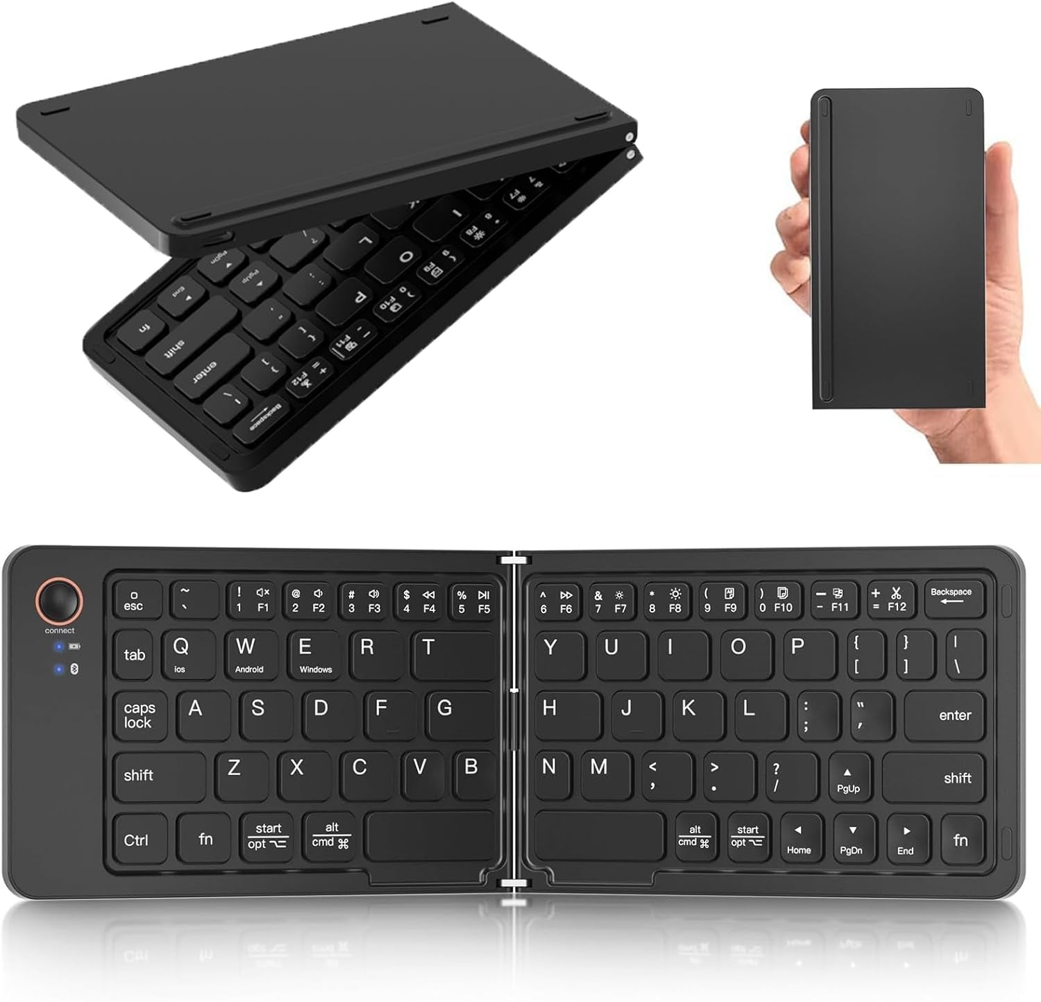 NÖRDIC Sammenleggbart Slim Bluetooth-tastatur i lommeformat, kompatibelt med iOS, Android og Windows, for smarttelefon, nettbrett, iPad, iPhone og laptop, US-layout