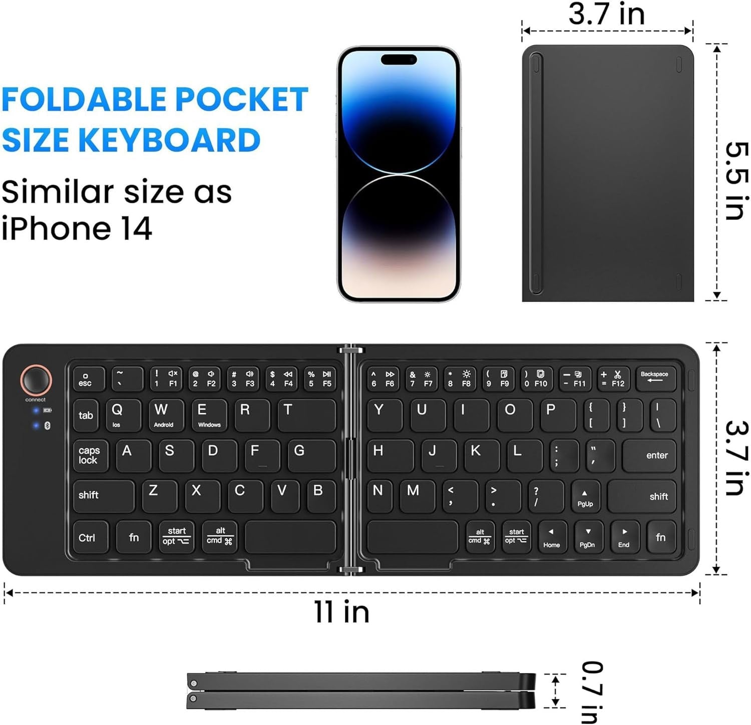 NÖRDIC Sammenleggbart Slim Bluetooth-tastatur i lommeformat, kompatibelt med iOS, Android og Windows, for smarttelefon, nettbrett, iPad, iPhone og laptop, US-layout