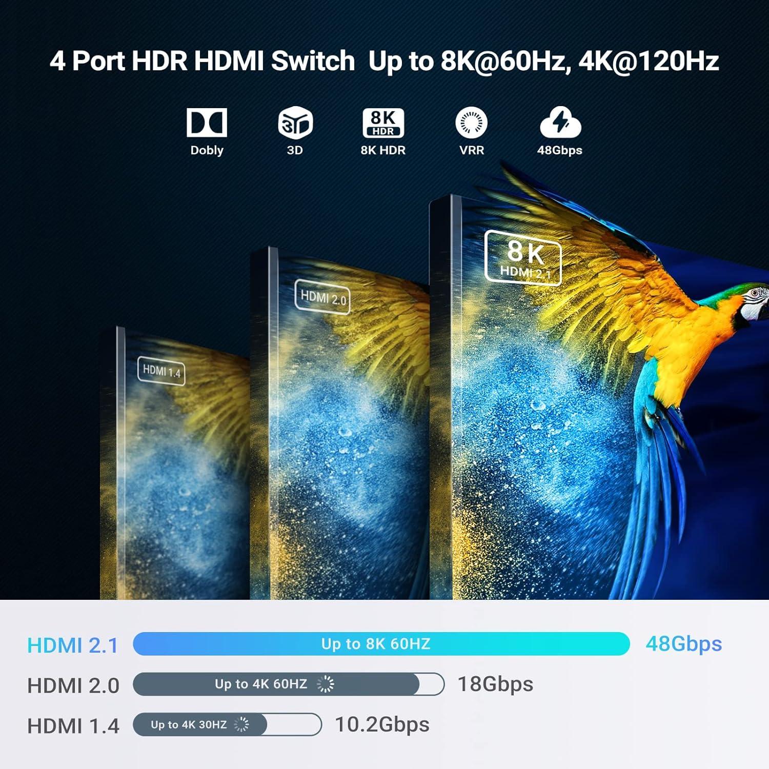 NÖRDIC HDMI 2.1  Switch 4 to 1 48Gbps with eARC with CEC LPCM 7.1CH, Dolby TrueHD, and DTS-HD Master Audio, DOLBY Atmos