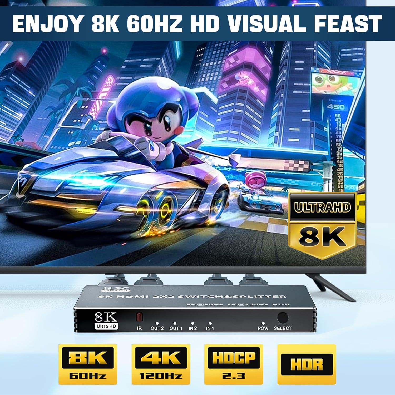 NÖRDIC HDMI 2.1-svitsj og splitter 2x2 8K60Hz 4K120Hz HDR HDCP2.3