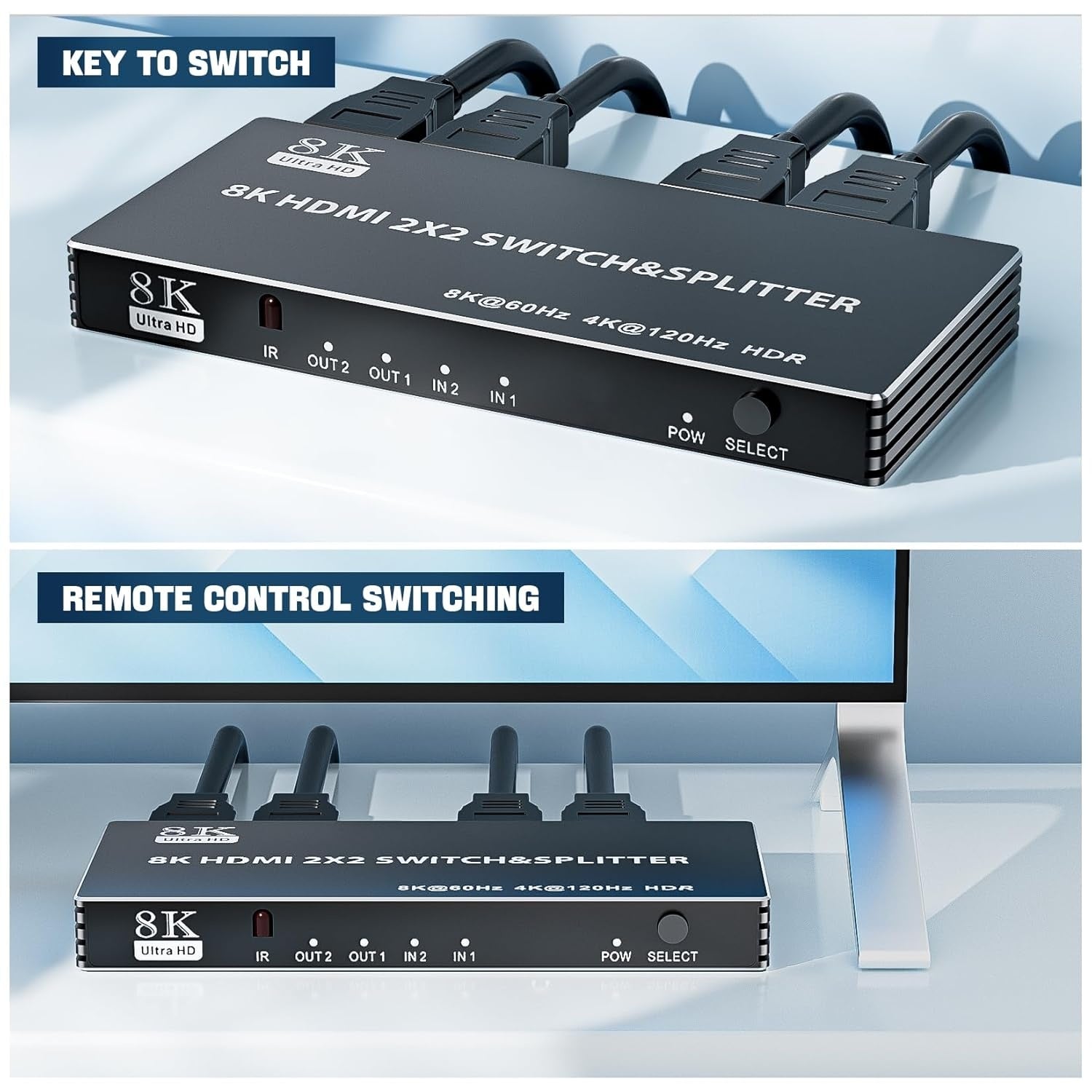 NÖRDIC HDMI 2.1-svitsj og splitter 2x2 8K60Hz 4K120Hz HDR HDCP2.3