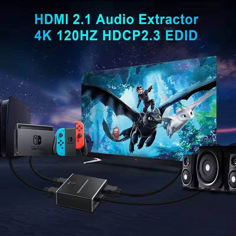 NÖRDIC HDMI 2.1 bryter og extractor 8K60Hz 4K120Hz ARC EDID, S/PDIF og AUX extractor