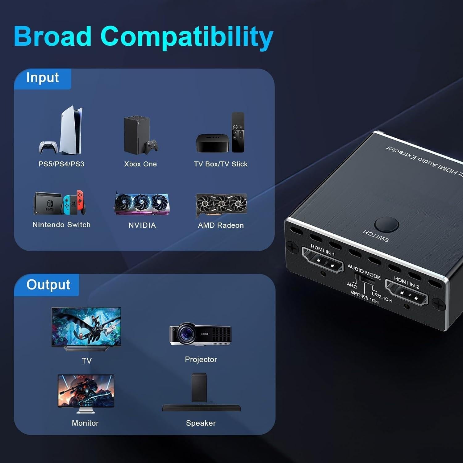 NÖRDIC HDMI 2.1 bryter og extractor 8K60Hz 4K120Hz ARC EDID, S/PDIF og AUX extractor
