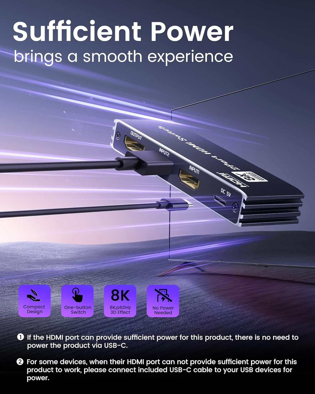 NÖRDIC HDMI 2 til 1-svitsj 8K60Hz 4K@120Hz med fjernkontroll, aluminium