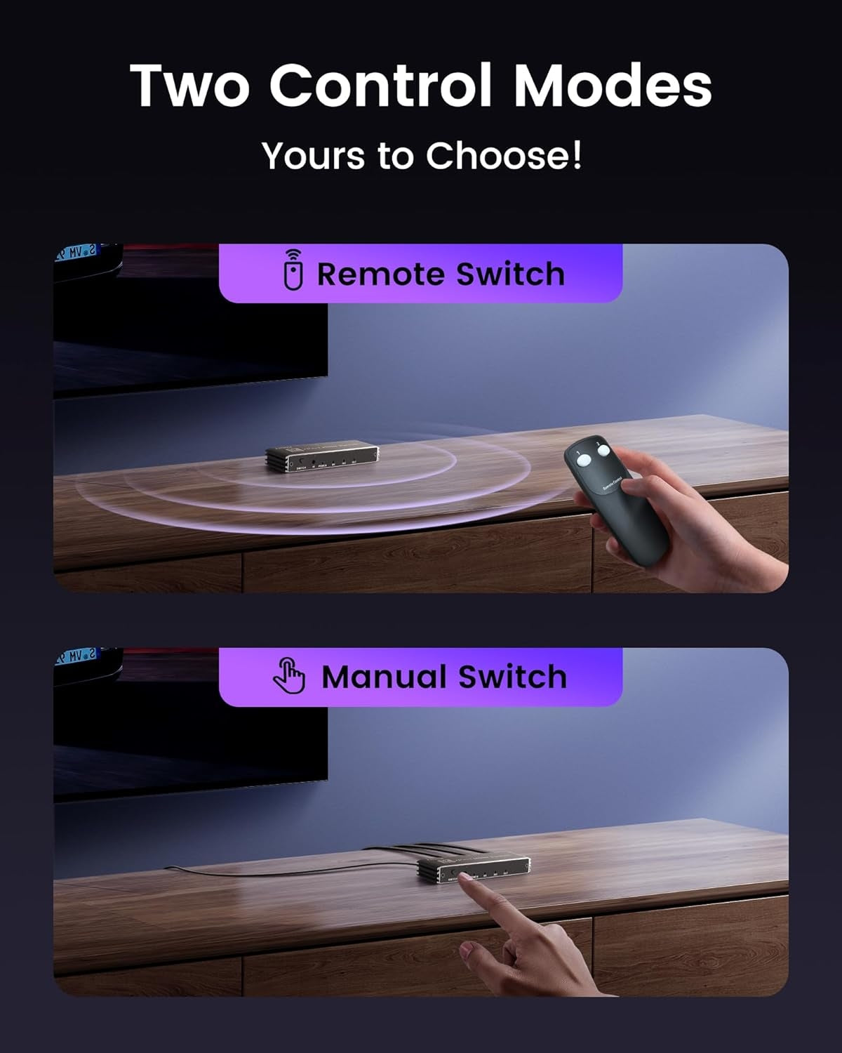 NÖRDIC HDMI 2 til 1-svitsj 8K60Hz 4K@120Hz med fjernkontroll, aluminium