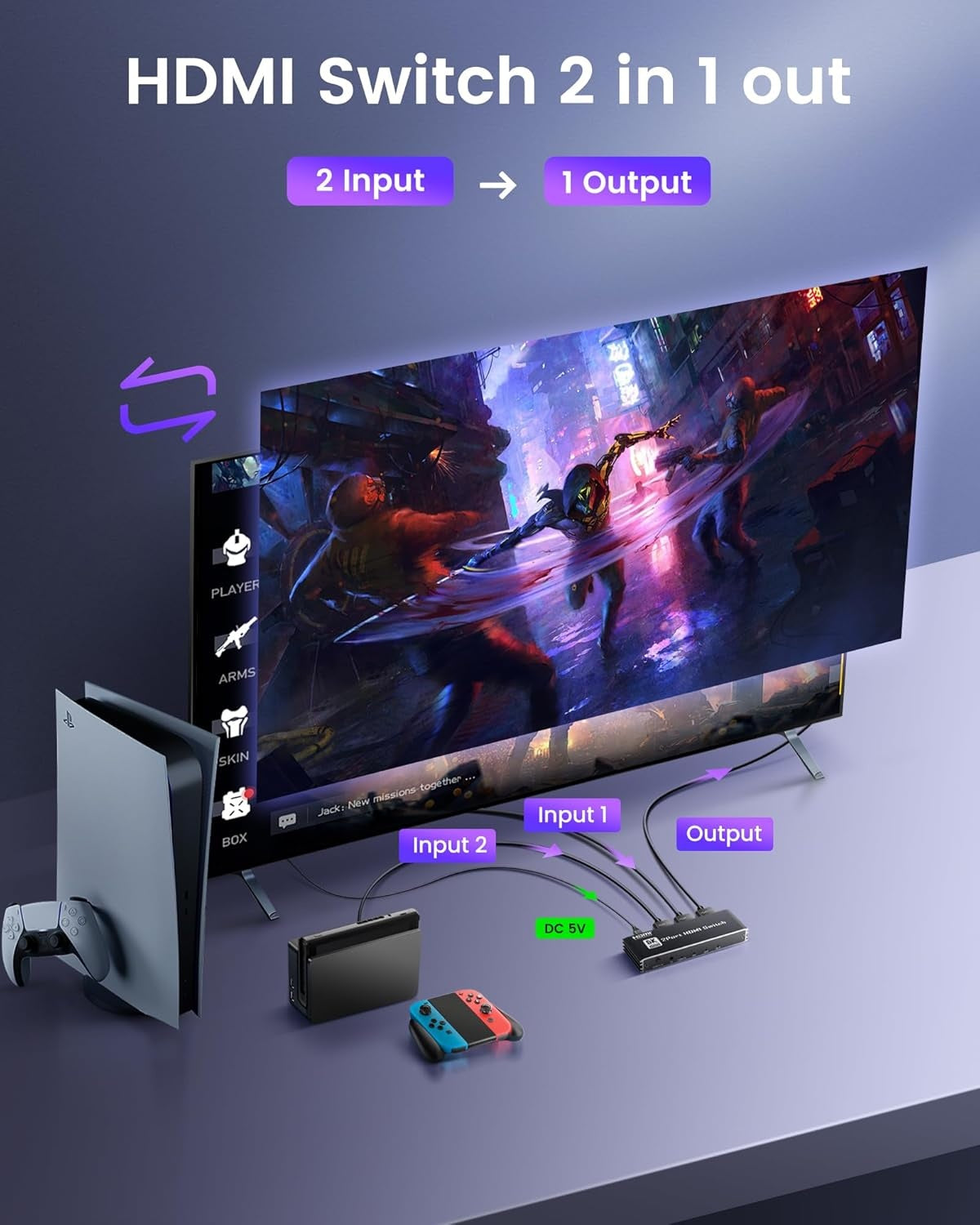 NÖRDIC HDMI 2 til 1-svitsj 8K60Hz 4K@120Hz med fjernkontroll, aluminium