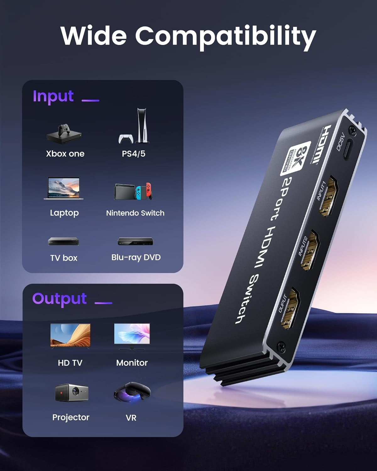 NÖRDIC HDMI 2 til 1-svitsj 8K60Hz 4K@120Hz med fjernkontroll, aluminium